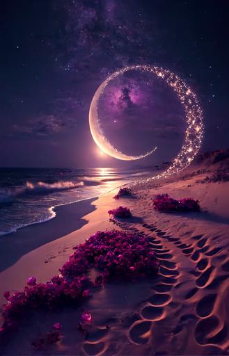 The picture is transparent, a large purple crescent is sprinkled on the sand,red roses path float on the beach with the stars of the heart-shaped Milky Way, magic, and the stars shine around the roses,glowing, silver,OP Art / Optical Art，HD 4K Vray ，Ultra Wide Angle，unreal engine --v 4 --ar 2:3
