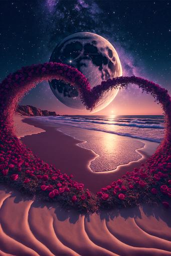 The picture is transparent, a large purple crescent is sprinkled on the sand,red roses path float on the beach with the stars of the heart-shaped Milky Way, magic, and the stars shine around the roses,glowing, silver,OP Art / Optical Art，HD 4K Vray ，Ultra Wide Angle，unreal engine --v 4 --ar 2:3