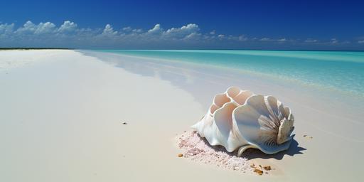 The picture shows a beautiful, serene beach with crystal-clear water and a bright blue sky. In the foreground, there is a large conch shell resting on the sand. The beach is very wide and stretches off into the distance. The sand is a light beige color and appears to be soft and powdery. There are no footprints or other signs of human activity visible in the sand. The water in the picture is a beautiful shade of turquoise blue and is so clear that you can see the bottom of the ocean. There are gentle ripples on the surface of the water, suggesting that there may be a light breeze blowing. In the distance, you can see a line of trees along the shore, and a few small boats in the water. The sky is a brilliant shade of blue, with a few white fluffy clouds scattered across it. The sun is shining brightly, and there are no signs of rain or inclement weather. Overall, the picture conveys a sense of peace and tranquility. The combination of the beautiful beach, clear water, blue sky, and absence of human activity creates a feeling of pristine natural beauty. It is easy to imagine oneself relaxing on the beach, listening to the sound of the waves and feeling the warmth of the sun., 8k, HD --ar 2:1