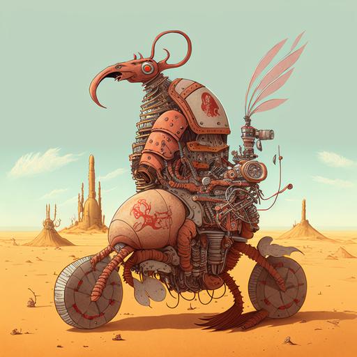 The picture shows a colossal lobster with a big beard, wearing a Arabic cap, straddling a unique cross between a camel and a motorbike, labeled 