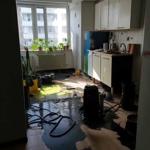 The picture shows the interior of a modern apartment where a leak from the underfloor heating system has occurred. Wet stains are visible on the floor, and there are signs of leakage and dampness on the walls. Nearby, there is a puddle of water that is the source of the leak. Various tools, such as containers, mops, and towels, are visible around the puddle, which were used to contain the leak and absorb water from the floor. In the background of the photo, there is a technician or plumber standing next to the underfloor heating leak, observing the situation. The composition of the photo focuses on the wet floor, the puddle of water, and the tools used to contain the leak, as well as the technician or plumber analyzing the situation. This picture represents a situation that could happen in a modern apartment where a leak from the underfloor heating system occurs and requires urgent repair.
