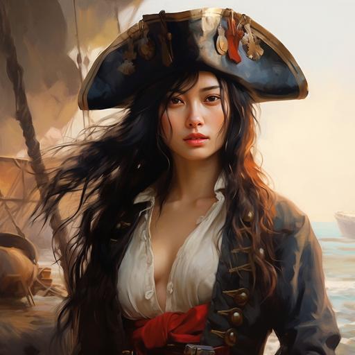 The pirate in the hat, loose painting style, a close up portrait of a ( badass Ching Shih- women Chinese pirate), detailed, hand painted, by prt