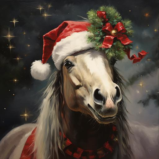 The portrait of the Year of the Horse showcases a free and unrestrained demeanor, with the horse wearing a Christmas hat and a bright smile, bringing you joy and joy.