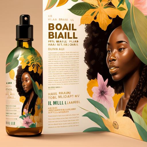 The poster for a natural hair oil bottle might feature an image of the bottle itself, showcasing the branding and packaging of the product. The poster might also include a tagline or description of the product, highlighting its natural ingredients and the benefits it provides to hair health. The design of the poster might incorporate natural elements such as leaves, flowers, or botanical illustrations to convey the product's natural and organic nature. Additionally, the poster might feature images of models with healthy and lustrous hair, emphasizing the positive effects of using the natural hair oil. Overall, the poster for a natural hair oil bottle should be visually appealing, informative, and persuasive in convincing potential customers to try the product.