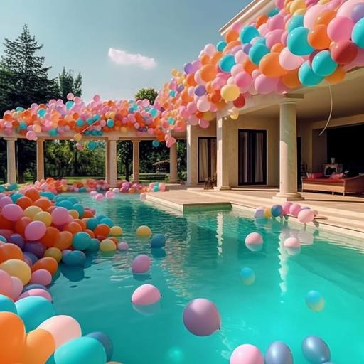 The production of a balloon, a style for event celebration, needs to show a scene with a lot of balloons, in a swimming pool of a villa at home --s 750 --v 5.1