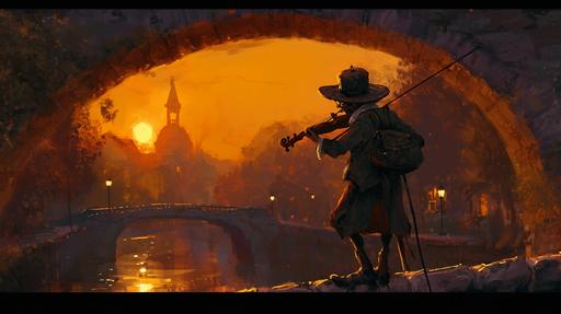 The protagonist is a grasshopper who plays the violin. He plays the violin with deep passion and a sense of urgency, feeling his limited lifespan. He is wearing an old tuxedo and hat, playing at the edge of a large arched stone bridge in an old European town, under an orange streetlight. The image conveys deep emotion and a passion for playing for loved ones and for himself. Van Gogh's painting style --ar 16:9 --v 6.0