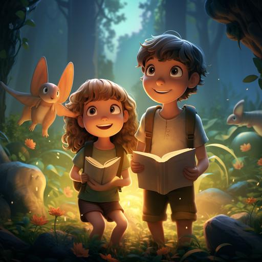 The same boy and girl as in this link in a magical forest. all the creatures of the magical forest are friendly and have features. A talking bunny. A funny turtle and a mushroom that has a friendly face talking and laughing with the boy and girl