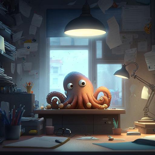 The scene is an advertising agency, office filled with papers and old computer screens, multiple desks and roaming around: AI in the form of an Octopus with tentacles holding on to paper, computers, drafts, creative material, doing its thing since all the humans left. Pixar. 8K, hyper-realistic, stage light.