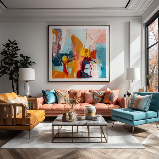 The scene is in an American living room, with a background painting, and a delicate sofa, blue, orange, yellow, rose red, cyan, highest quality --s 750 --v 5.2