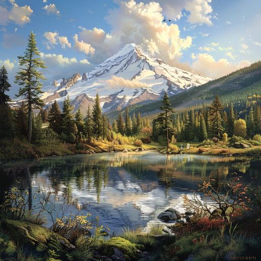 The scene meticulously captures the essence of a real-life vista, with every detail meticulously rendered to perfection. A tranquil lake sits nestled amidst the picturesque landscapes of Oregon, its pristine waters reflecting the azure sky above with astonishing clarity. The snow-capped peak of Mount Hood towers majestically in the background, its rugged slopes and intricate details flawlessly recreated. As the early summer sun bathes the scene in a warm, golden glow, the shimmering surface of the lake takes on a mesmerizing aqua glacier blue hue, its realism so striking that it's hard to believe it's not a photograph. Each ripple and reflection is painstakingly recreated, adding to the illusion of authenticity. The surrounding foliage appears lifelike, with trees adorned in a riot of colors as vibrant blossoms dot their branches. The verdant hills stretching into the distance are cloaked in a myriad of shades, their contours and textures so intricately portrayed that they seem to beckon the viewer to explore their depths. Amidst this stunning tableau, figures can be seen scattered along the shoreline, their presence adding a touch of human activity to the otherwise pristine landscape. From the dappled sunlight filtering through the leaves to the gentle breeze rustling the grass, every aspect of the scene is so exquisitely rendered that it blurs the line between reality and artistry. In essence, the image is a testament to the power of digital artistry, where technology transcends its limitations to create a world so convincingly real that it challenges the viewer's perception.