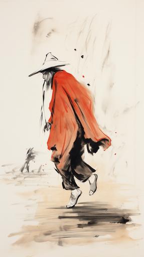 The scene of one foot stepping on the ground,by Aleksi Briclot style, Qi Baishi painting style,Alessandro Allori style, rich in details, unified colors, simple colors, Chinese style, calligraphy --ar 9:16