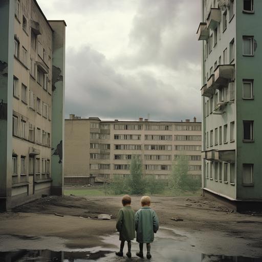 The scene unfolds in the concrete courtyard of a typical Soviet apartment block in the middle of the day. The sky overhead is gray-blue, hinting at an impending storm. Centered in the image are two children, around 10 years of age. They're clad in standard attire of that era: one wearing a dark blue jumpsuit and a green cap, the other in brown shorts and a multi-colored shirt. They both have on simple leather sandals. In their hands, the children hold glass bottles – from natural lemonade and 