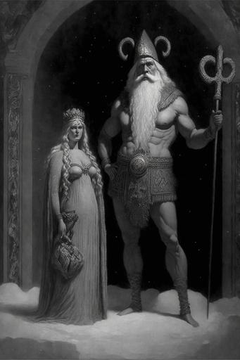 The seven deadly sins, norse goddess Frig standing beside Santa Clause, Black and white, by Gustave Dore --chaos 50 --ar 2:3 --v 4 --q 2