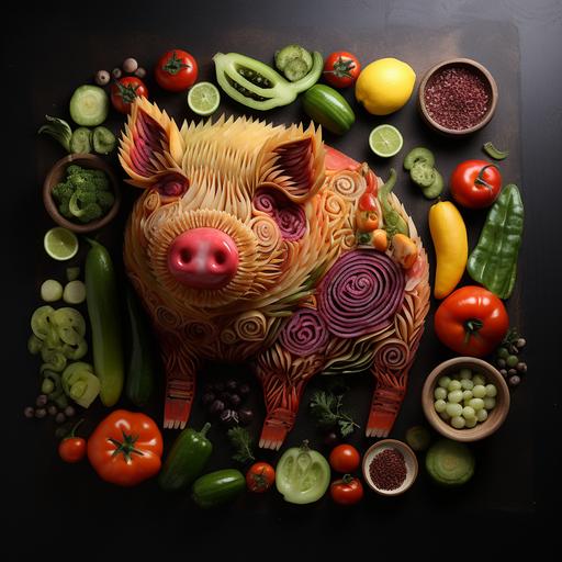 The silhouette of an animal pig is made out of foodstuffs --s 250