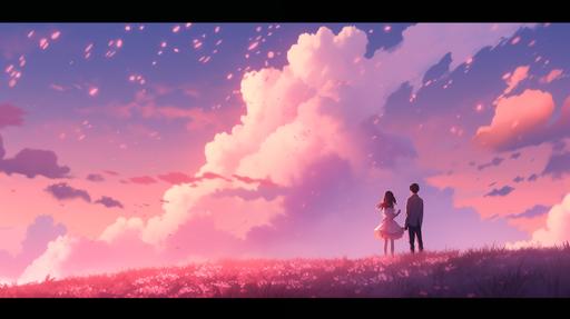 The silhouettes of a man and woman wave atop a hill against the pink clouds in the sky. The wind is warm and the scent of pink flowers fills the air around them. Their love dwells in this beautiful moment. --niji 5 --ar 16:9