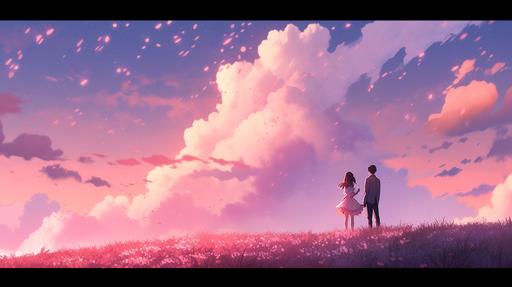 The silhouettes of a man and woman wave atop a hill against the pink clouds in the sky. The wind is warm and the scent of pink flowers fills the air around them. Their love dwells in this beautiful moment. --niji 5 --ar 16:9