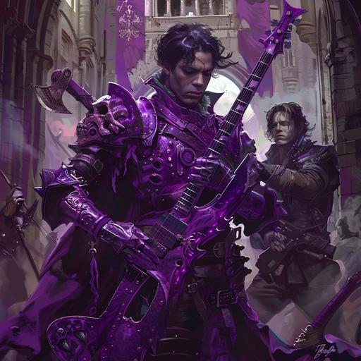 The singer Prince, but he is incredibly tall and imposing, his armor is a deep purple, you can see his face clearly, he is holding a giant guitar that has an axe blade on one end, he is towering over Matt Damon, who is terrifed and holding a greatsword, they are in the courtyard of a gothic castle, in the visual style of the Dark Souls video games.
