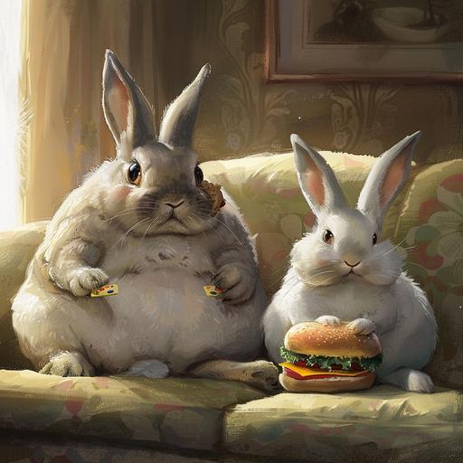 The soft and fluffy fat rabbit was sitting on the sofa, playing games and eating a burger. The mother rabbit stood behind and looked at the fat rabbit like a devil. --v 6.0