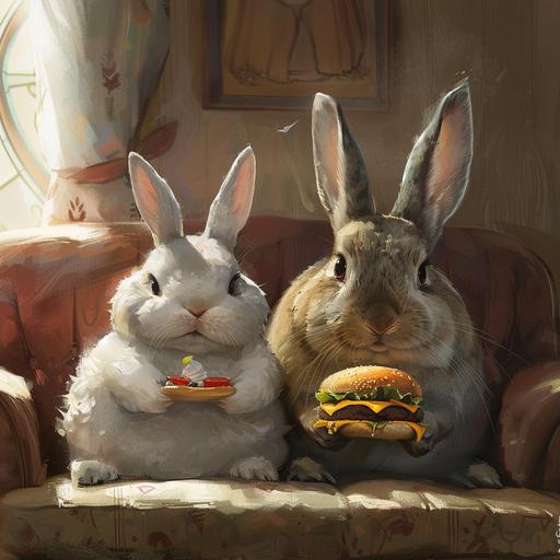 The soft and fluffy fat rabbit was sitting on the sofa, playing games and eating a burger. The mother rabbit stood behind and looked at the fat rabbit like a devil.