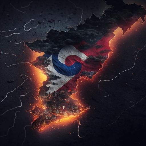 The south korea map flag, dark city background, hyper realistic, 4k
