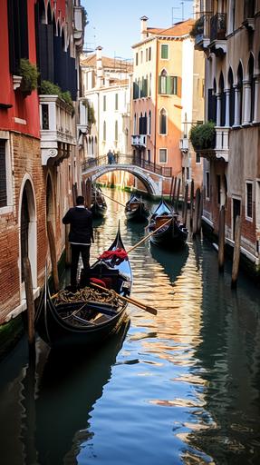The stern of a gondola can be seen in the Venetian Canal in Italy, and the back of a woman wearing a black tank top dress and a white baseball cap can be seen sitting in the gondola, --ar 9:16