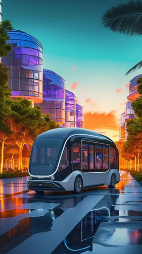 The street square of a rich high-tech city of China in 2025, a concept image of a low emission electric bus in the open, in the style of light sky-blue and dark bronze, contemporary faux na ï f, soft and rounded forms, konica big mini, transparent,Ultra Wide Angle Front view,Town greenery,8K,Cartoon,Tron style, --ar 9:16 --v 6.0 --style raw --s 200
