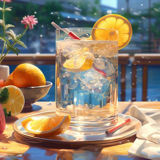 The summer sun is shining with a glass of delicious ice water in it，detailed, exquisite，by wlop and studio ghibli，8K