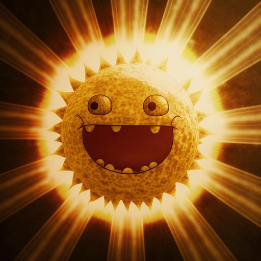 The sun with SpongeBob-like face has mischievous glint in its eyes. It has rosy cheeks and a large Cheshire grin.
