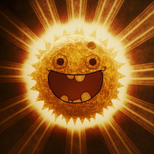 The sun with SpongeBob-like face has mischievous glint in its eyes. It has rosy cheeks and a large Cheshire grin.