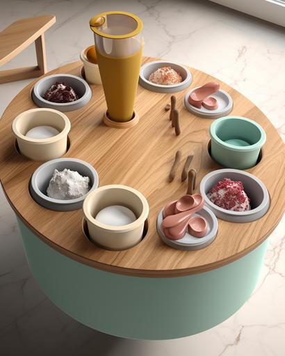 The tabletop of a table is ingeniously designed to accommodate ice cream cups, featuring recessed spaces where the cups can easily fit. The table's surface is both functional and thoughtfully crafted, providing a convenient way to keep ice cream cups stable while enjoying the treats. The scene highlights the practicality and user-friendly nature of the tabletop design, Ice cream cup-fitting table surface design photography style, captured with a DSLR camera to emphasize the tabletop's recessed spaces and the table's overall aesthetic, --ar 4:5 --v 5
