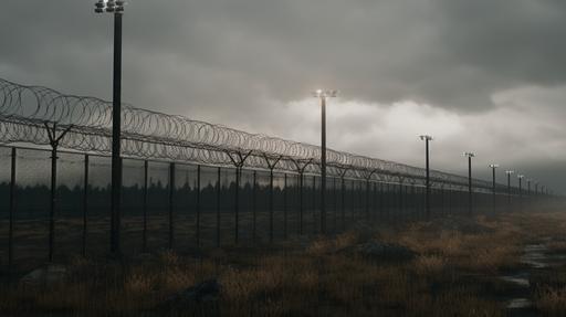 The tall fences of a prison on a gloomy day, just the fence, 4K, hyperrealistic, --ar 16:9