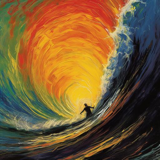 The third image should show the surfer caught in the grip of a gigantic wave, a battle between man and nature at its peak. Use Munch's fluid lines and fervent color palette to visualize the energy of this moment. The surfer's face should reflect a unique blend of exhilaration, fear, and challenge, drawing a parallel to the existential angst in 'The Scream' --q 2 --s 250