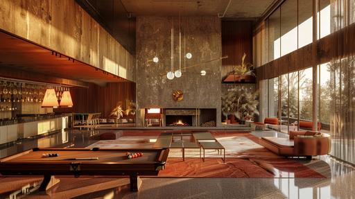 The timeless beauty of a huge megamansion gentlemen smoking room, in a style of mid-century modern, with ((halftone mural) (large fireplace) (floor-to-ceiling windows)(pool table)), greeble details, photography, wide area, springtime morning lighting, :wundervoll-ai:0, --ar 16:9 --v 6.0