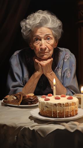 The tired and disappointed face of the grandmother contrasts with the cake she's holding in her hands. Despite her efforts, the dessert didn't meet her expectations. Around the table, her family waits with empathy, ready to show that love outweighs perfection. --ar 9:16