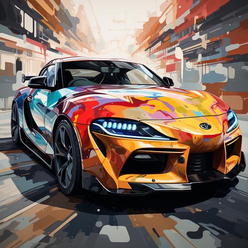 The toyota supra MK4, illustration takes its uniqueness to another level by incorporating several accessories associated with both rappers and surfers, adding an original and humorous touch to the artwork. The toyota supra MK4 body, depicted in a cubist style, a backward cap with a Japan logo, and colorful wristbands. These elements not only capture the essence of both the rapper but also inject a sense of fun and whimsy into the illustration. The combination of the cubist body, vibrant colors, and amusing accessories creates a truly original and entertaining piece of art that would undoubtedly bring joy and laughter to any collection. --s 750