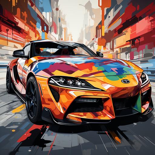 The toyota supra MK4, illustration takes its uniqueness to another level by incorporating several accessories associated with both rappers and surfers, adding an original and humorous touch to the artwork. The toyota supra MK4 body, depicted in a cubist style, a backward cap with a Japan logo, and colorful wristbands. These elements not only capture the essence of both the rapper but also inject a sense of fun and whimsy into the illustration. The combination of the cubist body, vibrant colors, and amusing accessories creates a truly original and entertaining piece of art that would undoubtedly bring joy and laughter to any collection. --s 750