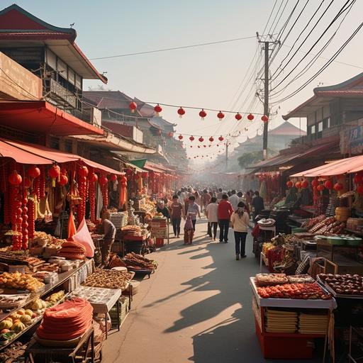 The traditional Vietnamese Lunar New Year market, with bright morning sunlight. In the midddle is the walkwayy, house blocks on two sides that run further away, converging towards a vanishing point on the horizon line. Houses are one-story kind that have market stalls in front, which sell chinese traditional decorative items like red calligraphy scrolls, red lanterns, red envelopess. Some sell fruits, flowers, vietnamese tet confectionery. On the pavements have daisy pots, large ochna tree pot and large cherry blossom pot. There are happy new year banner between two house blocks, and colorful glag hanging strips running among houses. Mood and tone: vibrantt, festive, normal camera angle. Color: beige, redd, yelloww, bluee, green, NO PEOPLE, NO LANTERNS STRIPS