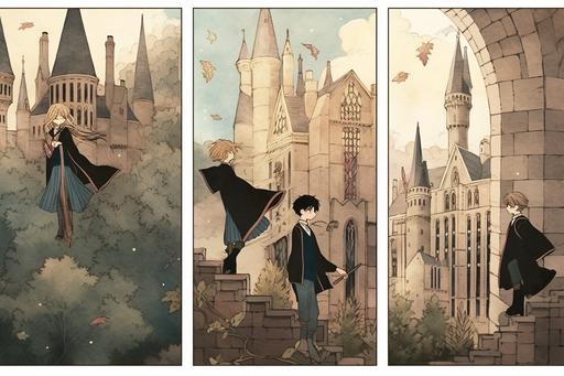 The triptych poster for the Triwizard Cup at Hogwarts School of Witchcraft and Wizardry is a stunning work of art that captures the spirit of the prestigious tournament. The poster is divided into three panels, each depicting a different aspect of the competition. The first panel shows a sprawling landscape with Hogwarts Castle in the distance. In the foreground, the Triwizard Cup is displayed prominently, surrounded by the four emblems of the participating schools: Hogwarts, Beauxbatons Academy of Magic, Durmstrang Institute, and a new, unknown school. The cup glimmers in the sunlight, its golden surface reflecting the colors of the surrounding flags. The second panel showcases a thrilling scene from the tournament itself. A wizard from each school is shown casting spells and dodging obstacles as they race to the finish line. Sparks fly as their wands clash in the air, and the contestants strain to keep their balance on their brooms. In the background, spectators cheer and gasp in excitement. The third panel is a portrait of the current champion, Cedric Diggory, holding the Triwizard Cup aloft in triumph. His face is a mixture of elation and exhaustion, and his Hogwarts robes are tattered from the challenges he has overcome. A crowd of admirers surrounds him, including his fellow competitors, as he basks in his hard-earned victory. Together, the three panels tell the story of the Triwizard Cup, from the anticipation and preparation to the thrilling competition and ultimate triumph. The poster is a fitting tribute to the wizarding world's most prestigious tournament and a must-have for any Hogwarts student or fan of the magical world. --ar 3:2 --niji 5 --q 5 --c 99 --s 999 --style cute