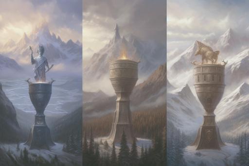 The triptych poster for the Triwizard Cup at Hogwarts School of Witchcraft and Wizardry is a stunning work of art that captures the spirit of the prestigious tournament. The poster is divided into three panels, each depicting a different aspect of the competition. The first panel shows a sprawling landscape with Hogwarts Castle in the distance. In the foreground, the Triwizard Cup is displayed prominently, surrounded by the four emblems of the participating schools: Hogwarts, Beauxbatons Academy of Magic, Durmstrang Institute, and a new, unknown school. The cup glimmers in the sunlight, its golden surface reflecting the colors of the surrounding flags. The second panel showcases a thrilling scene from the tournament itself. A wizard from each school is shown casting spells and dodging obstacles as they race to the finish line. Sparks fly as their wands clash in the air, and the contestants strain to keep their balance on their brooms. In the background, spectators cheer and gasp in excitement. The third panel is a portrait of the current champion, Cedric Diggory, holding the Triwizard Cup aloft in triumph. His face is a mixture of elation and exhaustion, and his Hogwarts robes are tattered from the challenges he has overcome. A crowd of admirers surrounds him, including his fellow competitors, as he basks in his hard-earned victory. Together, the three panels tell the story of the Triwizard Cup, from the anticipation and preparation to the thrilling competition and ultimate triumph. The poster is a fitting tribute to the wizarding world's most prestigious tournament and a must-have for any Hogwarts student or fan of the magical world. --ar 3:2 --v 5 --q 5 --c 99 --s 999