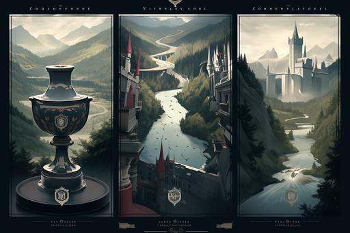 The triptych poster for the Triwizard Cup at Hogwarts School of Witchcraft and Wizardry is a stunning work of art that captures the spirit of the prestigious tournament. The poster is divided into three panels, each depicting a different aspect of the competition. The first panel shows a sprawling landscape with Hogwarts Castle in the distance. In the foreground, the Triwizard Cup is displayed prominently, surrounded by the four emblems of the participating schools: Hogwarts, Beauxbatons Academy of Magic, Durmstrang Institute, and a new, unknown school. The cup glimmers in the sunlight, its golden surface reflecting the colors of the surrounding flags. The second panel showcases a thrilling scene from the tournament itself. A wizard from each school is shown casting spells and dodging obstacles as they race to the finish line. Sparks fly as their wands clash in the air, and the contestants strain to keep their balance on their brooms. In the background, spectators cheer and gasp in excitement. The third panel is a portrait of the current champion, Cedric Diggory, holding the Triwizard Cup aloft in triumph. His face is a mixture of elation and exhaustion, and his Hogwarts robes are tattered from the challenges he has overcome. A crowd of admirers surrounds him, including his fellow competitors, as he basks in his hard-earned victory. Together, the three panels tell the story of the Triwizard Cup, from the anticipation and preparation to the thrilling competition and ultimate triumph. The poster is a fitting tribute to the wizarding world's most prestigious tournament and a must-have for any Hogwarts student or fan of the magical world. --ar 3:2 --niji 5 --q 5 --c 99 --s 999 --style scenic