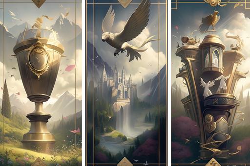 The triptych poster for the Triwizard Cup at Hogwarts School of Witchcraft and Wizardry is a stunning work of art that captures the spirit of the prestigious tournament. The poster is divided into three panels, each depicting a different aspect of the competition. The first panel shows a sprawling landscape with Hogwarts Castle in the distance. In the foreground, the Triwizard Cup is displayed prominently, surrounded by the four emblems of the participating schools: Hogwarts, Beauxbatons Academy of Magic, Durmstrang Institute, and a new, unknown school. The cup glimmers in the sunlight, its golden surface reflecting the colors of the surrounding flags. The second panel showcases a thrilling scene from the tournament itself. A wizard from each school is shown casting spells and dodging obstacles as they race to the finish line. Sparks fly as their wands clash in the air, and the contestants strain to keep their balance on their brooms. In the background, spectators cheer and gasp in excitement. The third panel is a portrait of the current champion, Cedric Diggory, holding the Triwizard Cup aloft in triumph. His face is a mixture of elation and exhaustion, and his Hogwarts robes are tattered from the challenges he has overcome. A crowd of admirers surrounds him, including his fellow competitors, as he basks in his hard-earned victory. Together, the three panels tell the story of the Triwizard Cup, from the anticipation and preparation to the thrilling competition and ultimate triumph. The poster is a fitting tribute to the wizarding world's most prestigious tournament and a must-have for any Hogwarts student or fan of the magical world. --ar 3:2 --niji 5 --q 5 --c 99 --s 999 --style scenic