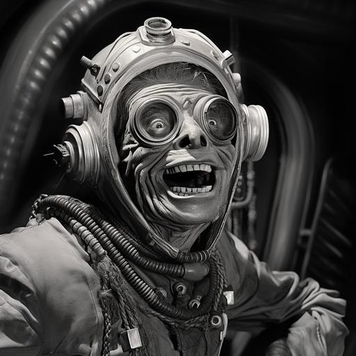 The twilight zone, Star wars crossover, Hondo Ohnaka the male Weequay space pirate exiting his Latent Spaceship, flamboyant grinning pirate with a helmet goggles and dreadlocks, 1950's black and white, scene from tv show