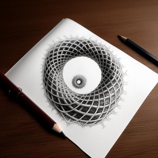 The twisting or helical pattern made by charged particles like electrons or ions flowing around a crystal-clear mobius strip. draw this with a blue ball-point pen on note paper --c 5
