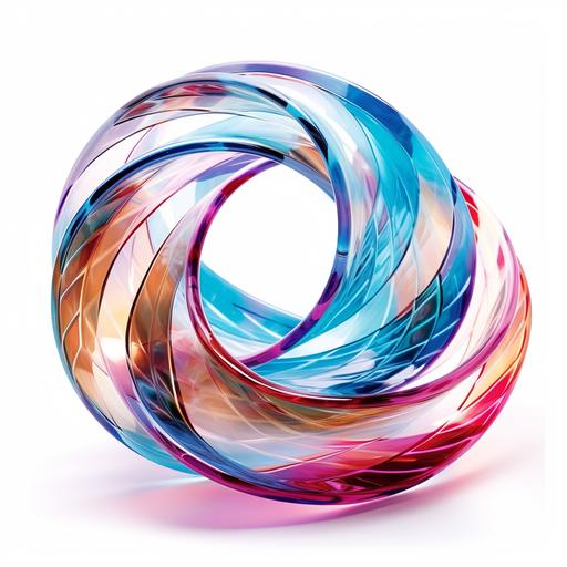 The twisting or helical pattern made by charged particles like electrons or ions flowing around a crystal-clear mobius strip. use every color on a white background--c 5
