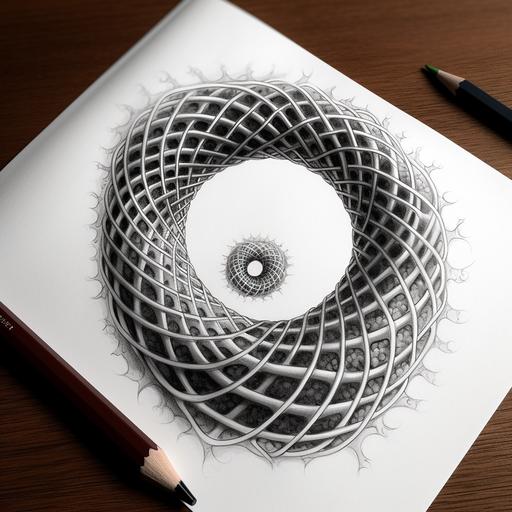 The twisting or helical pattern made by charged particles like electrons or ions flowing around a crystal-clear mobius strip. draw this with a blue ball-point pen on note paper --c 5