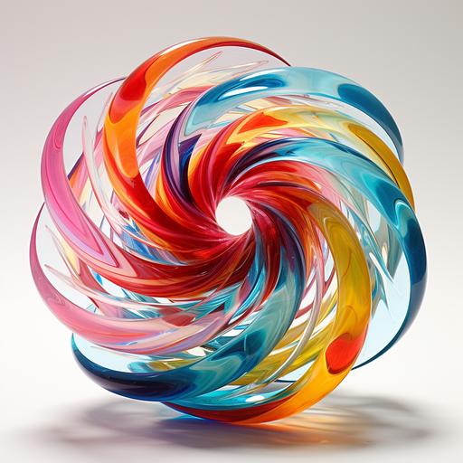 The twisting or helical pattern made by charged particles like electrons or ions flowing around a crystal-clear sombrero-shaped toroid. use every color on a white background--c 5