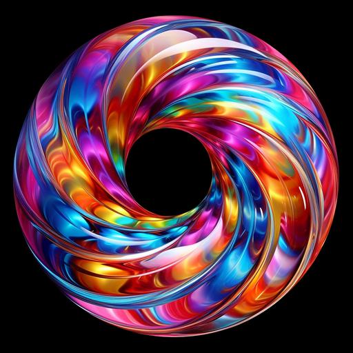 The twisting or helical pattern made by charged particles like electrons or ions flowing around a crystal-clear doughnut-shaped toroid. use every color on a white background--c 5
