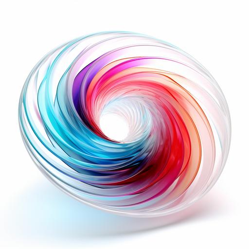 The twisting or helical pattern made by charged particles like electrons or ions flowing around a crystal-clear sombrero-shaped toroid. use every color on a white background--c 5