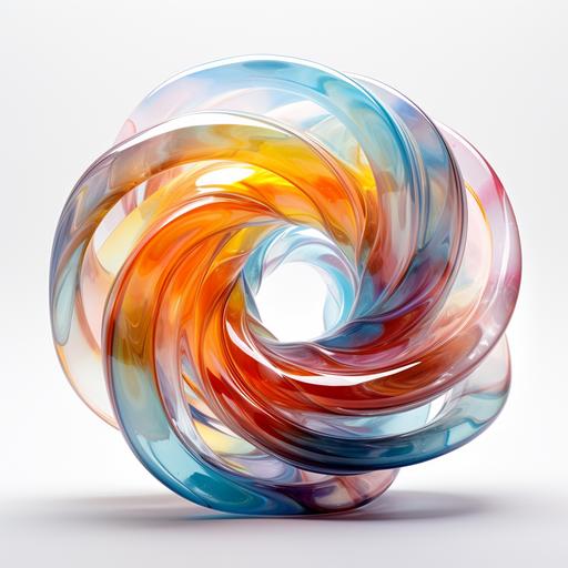 The twisting or helical pattern made by charged particles like electrons or ions flowing around a crystal-clear doughnut-shaped toroid. use every color on a white background--c 5