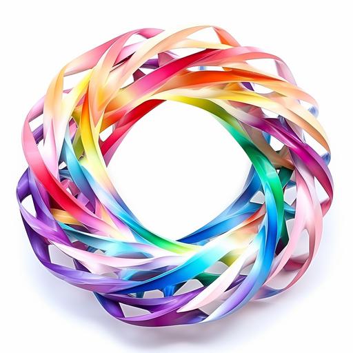 The twisting or helical pattern made by charged particles like electrons or ions flowing around a crystal-clear mobius strip. use every color on a white background--c 80